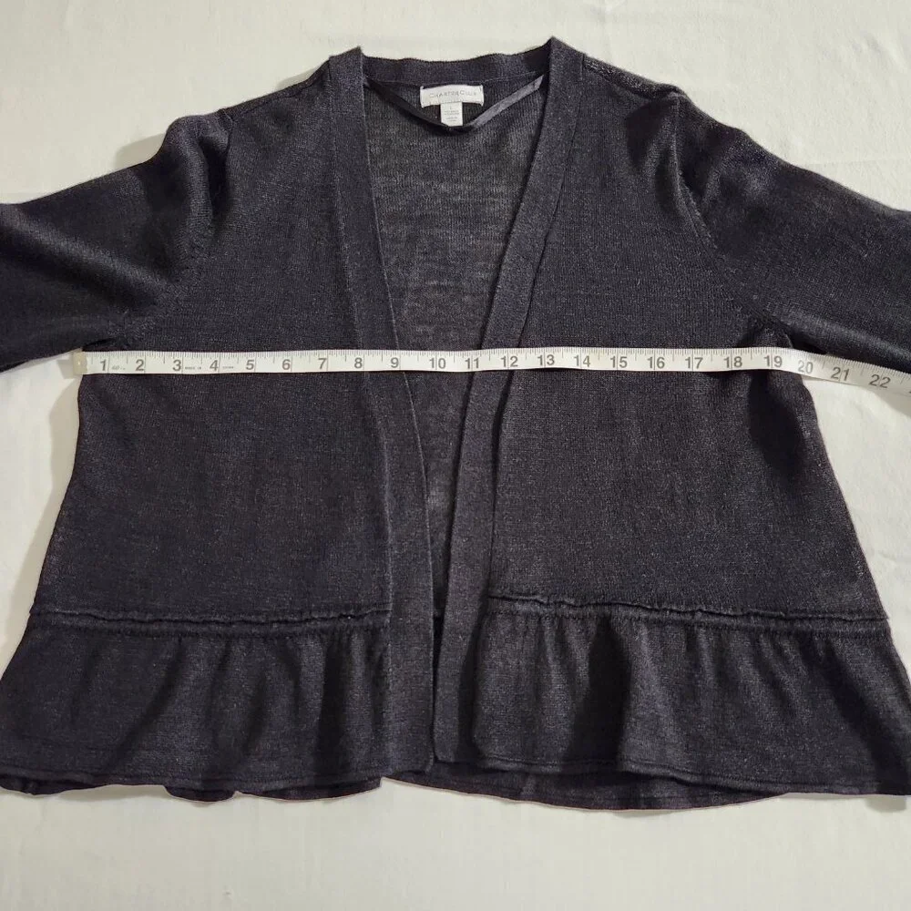 Charter Club Women's Size L Black Ramie Peplum Hem Open Front Cardigan Sweater